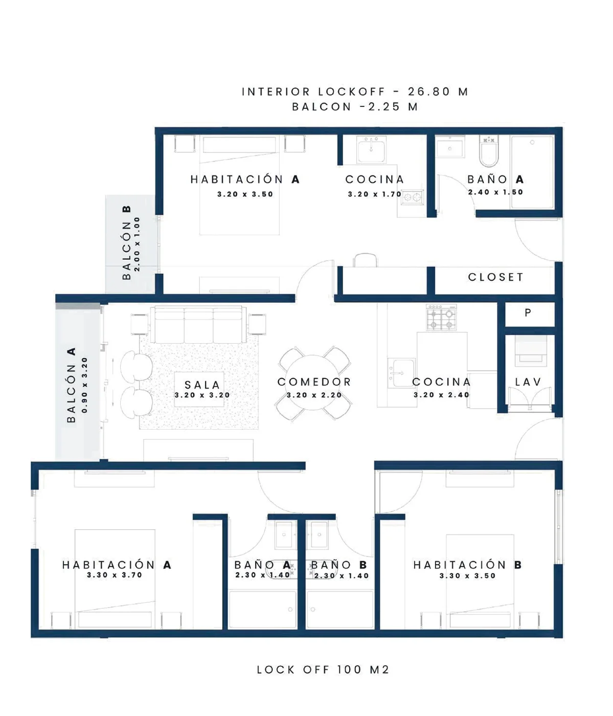 Plano 2 habitaciones + suite (lockoff) 100 m²
