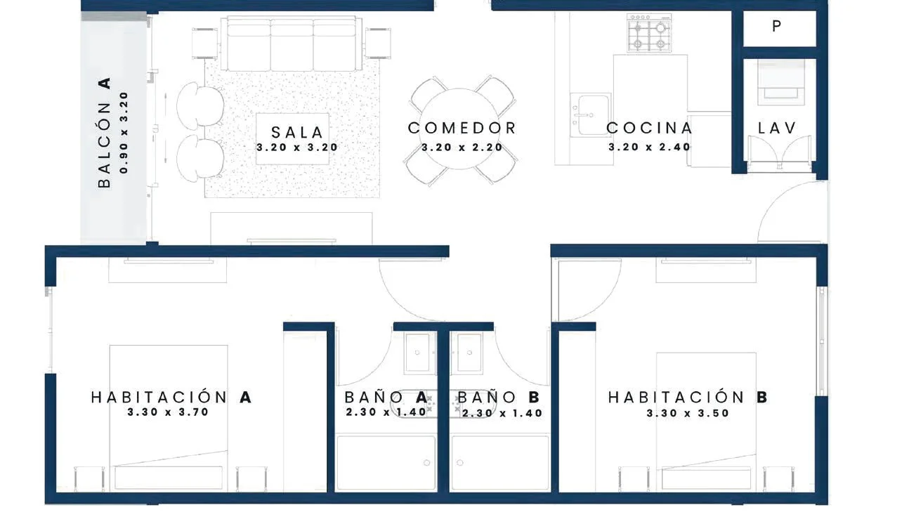 Plano 2 habitaciones + lockoff 70 m²