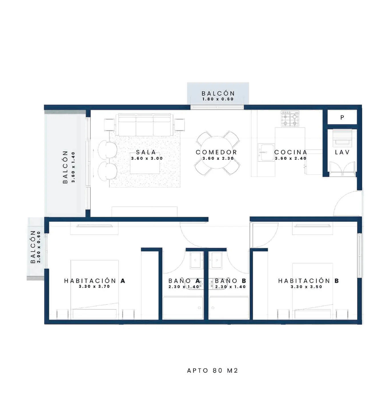 Plano 2 habitaciones 80 m²