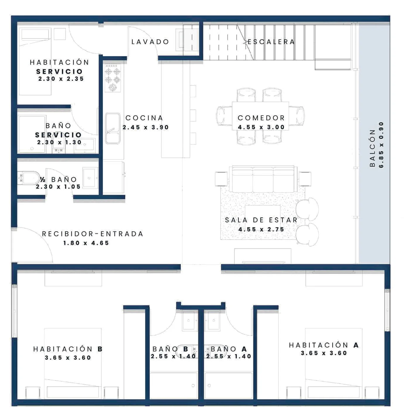 Plano PH con mezzanine 140–145 m² + terraza 35–40 m²